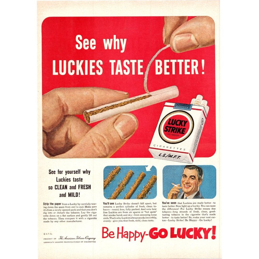1952 Lucky Strike Cigarettes Luckies Vintage Print Ad Paper Strip 50s Wall Art